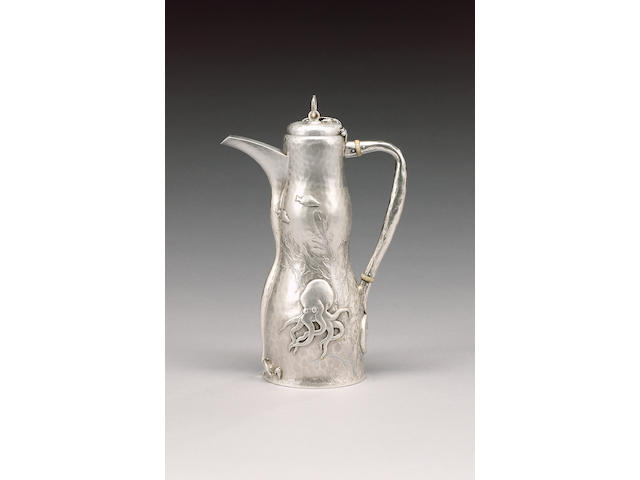 A late 19th century American silver Japenesque martel&#233; coffee jug, by Tiffany & co., Edward C. Moore period, circa 1885, designed by Charles Osbourne,
