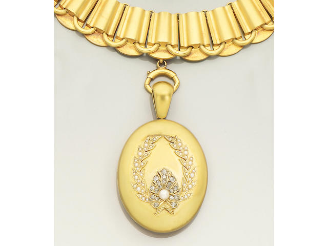 A mid 19th century collar necklace and a diamond and pearl-set locket, (2)