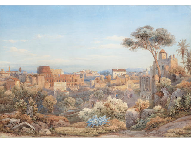 Salomon Corrodi (Swiss, 1810-1892) A view of the Colosseum and the Forum, Rome seen from the west 51.5 x 75 cm. (20 1/4 x 29 1/2 in.)