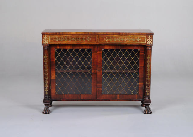 A Regency rosewood and brass inlaid side cabinet