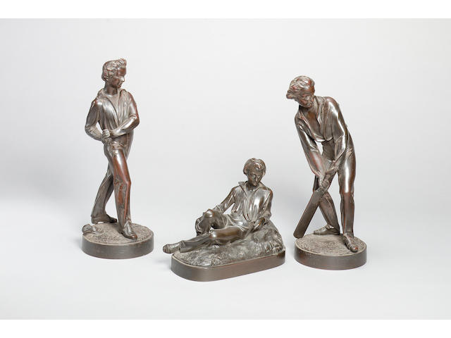 Joseph Durham (British, 1814-1877): A set of three bronze figures of cricketers