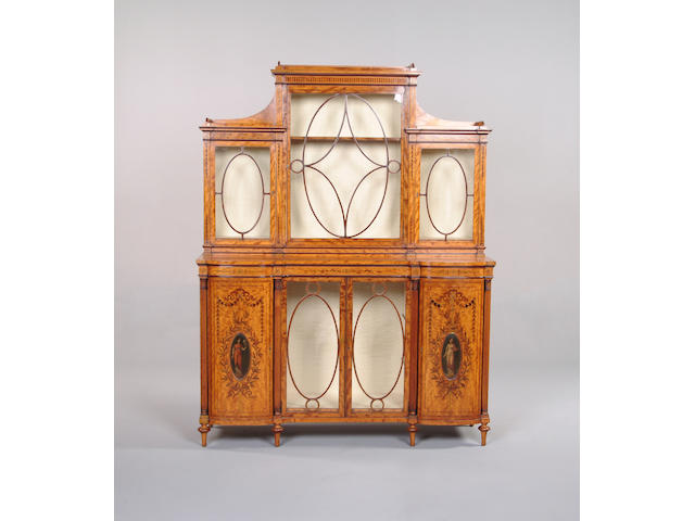 A fine late 19th century satinwood, polychrome decorated and marquetry display cabinet