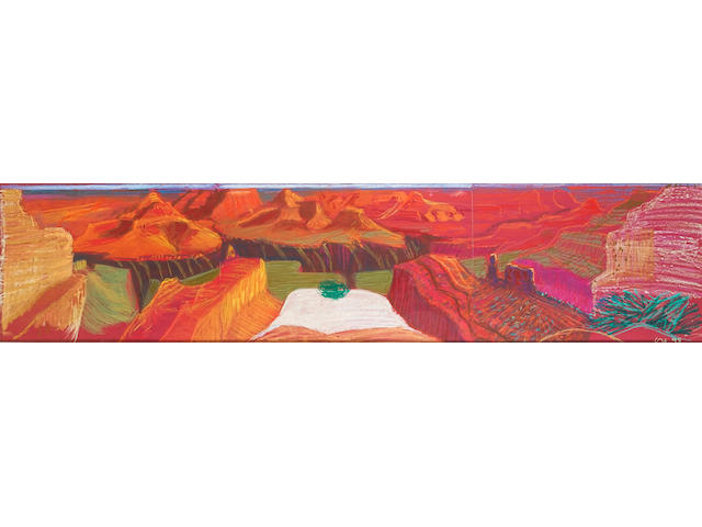 David Hockney Composition pastel study for "A Closer Grand Canyon" Coloured pastel on three sheet of purple paper, initialled and dated lower right "DH 98" in yellow; 500 x 1940mm (19 3/4 x 76 1/2in)(sheets)