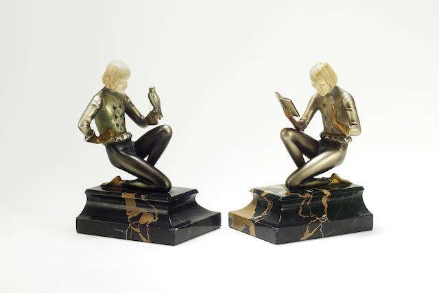 Ferdinand Preiss 'Pursuits of Youth' a Pair of Cold-Painted Bronze and Carved Ivory Bookends, circa 1925