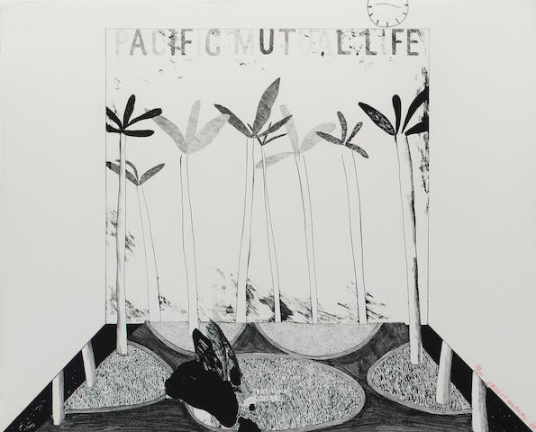 David Hockney Pacific Mutual Life Lithograph, 1964, on Arches, signed, dated and numbered 18/20 in red crayon, printed by the Tamarind Lithography Workshop, published by Editions Alecto; in excellent condition, 510 x 635mm (20 x 25in)(SH)