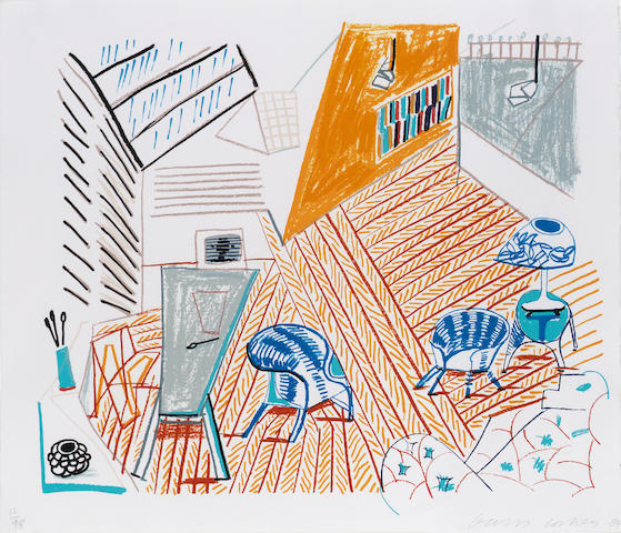 David Hockney Pembroke Studio with Blue Chairs and Lamp Lithograph, in colours, 1984, from the "Moving Focus" series, on white HMP handmade paper, the full sheet, signed, dated and numbered 12/98 in pencil, printed and published by Tyler Graphics Ltd, with their chop mark lower right; in excellent condition, 470 x 559mm (18 1/2 x 22in)(SH)