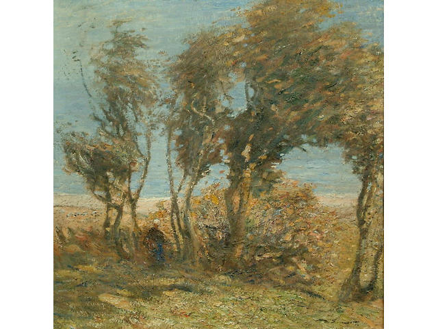 Mark Senior N.P.S. (1862-1927) A figure under coastal trees on a breezy day 80 x 79.5cm.