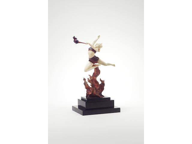 Ferdinand Preiss 'Flame Leaper' a Fine Cold-Painted Bronze and Carved Ivory Figure, circa 1925