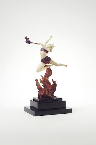Ferdinand Preiss 'Flame Leaper' a Fine Cold-Painted Bronze and Carved Ivory Figure, circa 1925