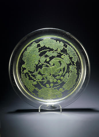 Ren&#233; Lalique `Beliers' a Post-War Polished and Green-Stained Dish