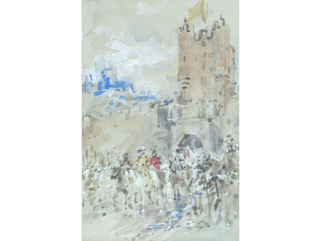 Ernest Crofts (1847-1911) 'Cavalcade outside a castle', 18 x 12cm