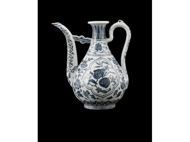 A rare blue and white pear-shaped ewer Yongle