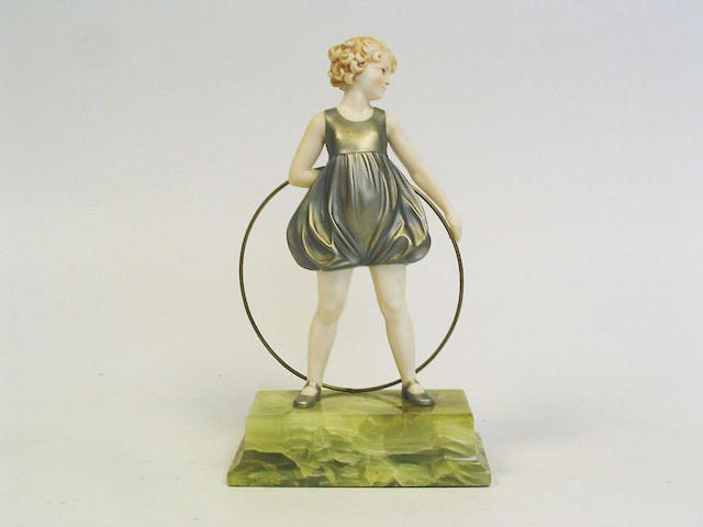 Ferdinand Preiss 'Hoop Girl' a Fine Cold-Painted Bronze and Carved Ivory Figure, circa 1925