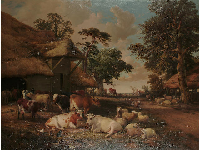 Circle of Thomas Sidney Cooper Cattle, sheep, horses and chickens in a farmyard, on a summer's day. 94 x 122 cm (37 x 48 in)