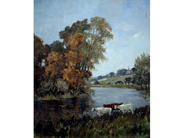 Campbell Mellon RBA ROI (1876-1955) 'Cattle on a river bank' 61 x 51cm (24 x 20in)