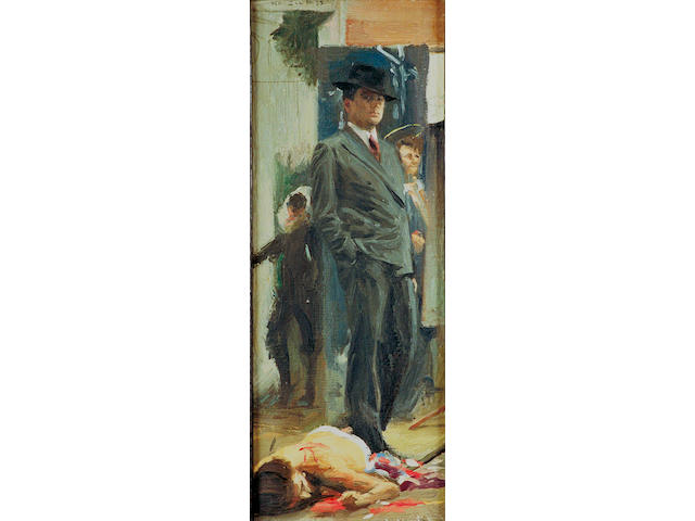 Howard Morgan (Contemporary) 'A little murder in my studio' (portrait of the artist and model) 41 x 15cm (16 x 6in)