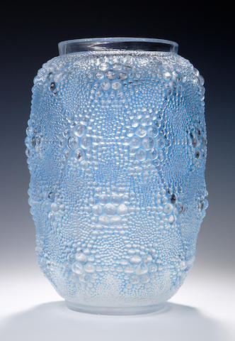 'Davos', A Rene Lalique blue stained glass vase,
