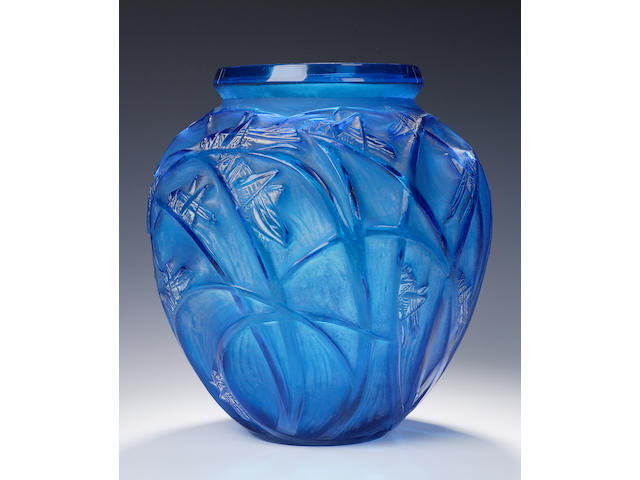 'Sauterelles', A Rene Lalique electric blue and frosted glass vase,