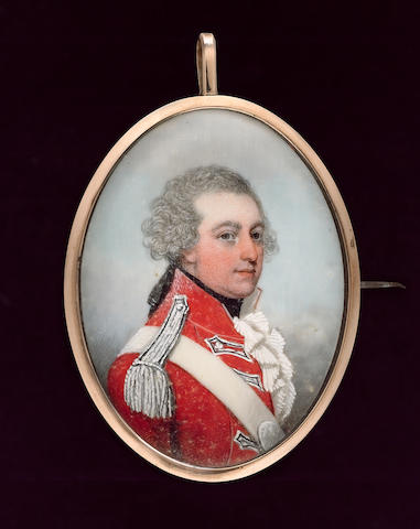 Frederick Buck, An Officer, wearing scarlet coatee with scarlet facings, silver lace epaulettes and silver lace bastion pattern panels, white leather shoulder belt with oval silver plate