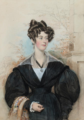 English School, A pair of portraits of a young Lady and Gentleman: she, wearing black dress with white slip and collar, pendant on a ribbon about her neck and shawl over her arm; he, seated, wearing black coat, grey trousers and holding an eye glass on a black ribbon