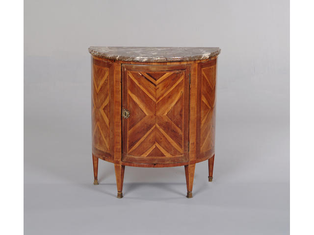 A Louis XVI kingwood parquetry, purplewood banded and tulipwood crossbanded demi lune cupboard