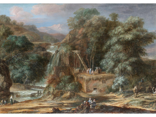 Christophe-Ludwig Agricola (Ratisbon 1667-1719) A river landscape with figures constructing an aqueduct 68 x 96.5 cm. (26&#190; x 38 in.)