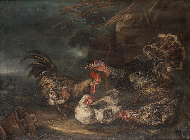 Angelo-Maria Crivelli, called Crivellone (died Milan 1760 (?)) A turkey, cockerel and two hens in a yard 43.9 x 59.2 cm. (17&#188; x 23&#188; in.)