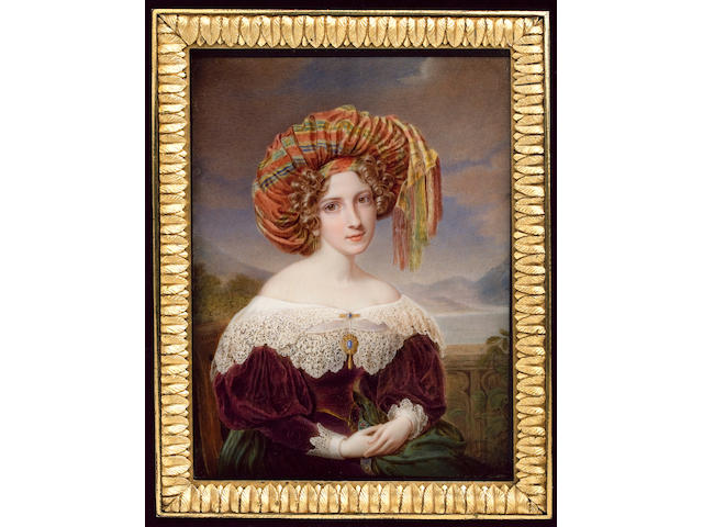 Jacques Louis Comte, A young Lady, wearing purple dress with cream lace cuffs and layered wide collar held with gold bar brooch set with blue gem, matching brooch at her corsage, gold pendent earring, large striped pink, yellow, blue and green silk turban in her curled blonde hair and green Kashmir shawl trimmed with embroidery in her lap, she sits on a wood chair with balustrade, lake and mountains beyond