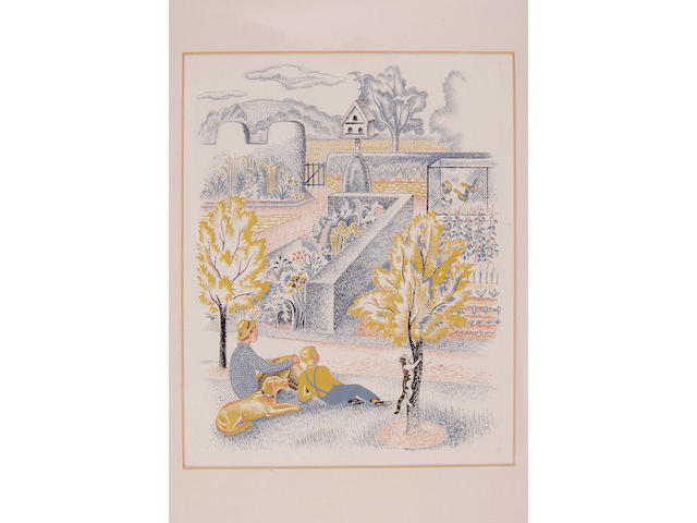 WEBB (CLIFFORD) Man, boy and dog sitting in garden, pastel and gouache, by Clifford Webb, unsigned