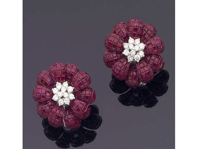 A pair of ruby and diamond flower earclips