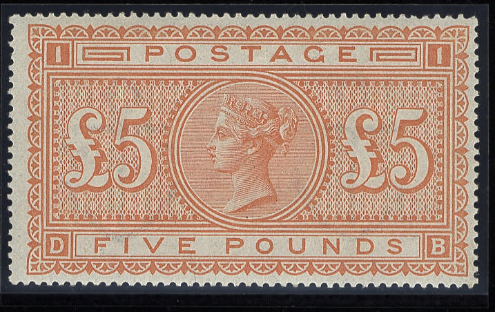 1882-83 wmk. Anchor: &#163;5 orange DB, imperceptibly mounted (possibly unmounted), very fine and fresh colour.