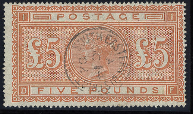 1882-83 wmk. Anchor: &#163;5 orange DF, very lightly cancelled, small corner crease, otherwise very fine.