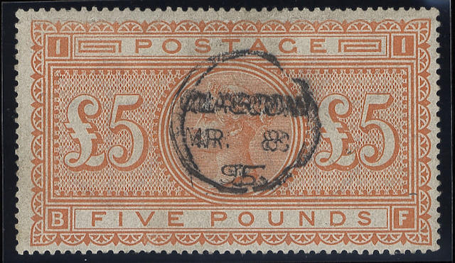 1882-83 wmk. Anchor: &#163;5 orange BF, neatly used, possible small closed tear at top, otherwise fine.