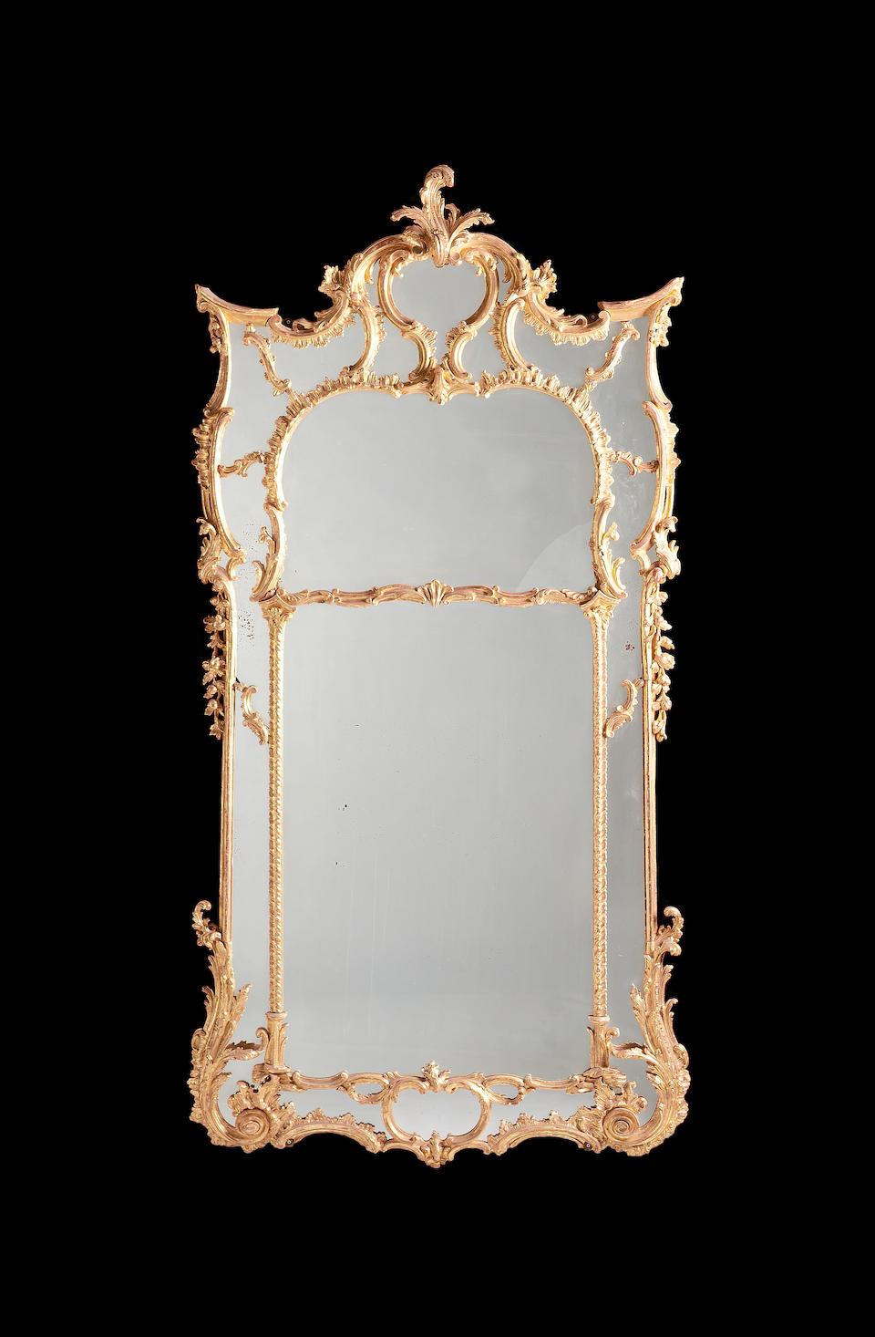A pair of large George II style giltwood mirrors in the Chippendale style