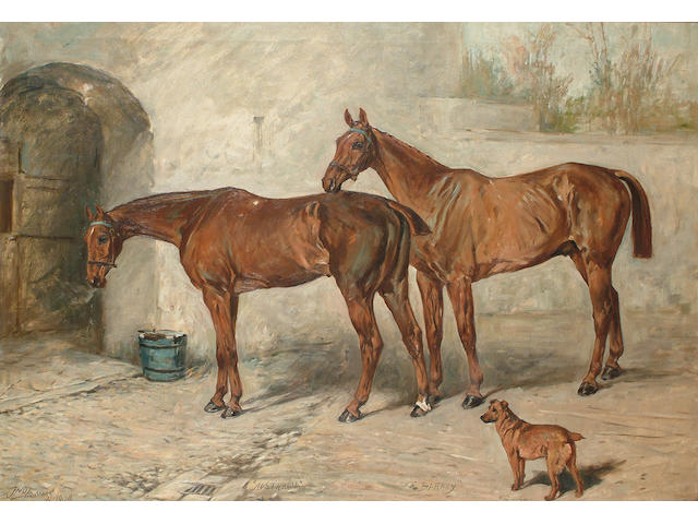 John Emms (British, 1843-1912) 'Australia', 'Barney' and 'Doctor' in a stable yard, 73 x 104.7 cm (28 3/4 x 41 1/8 in)
