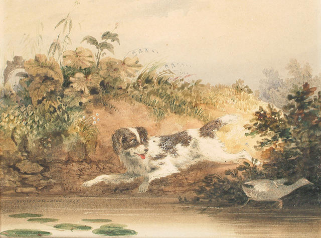 Newton Limbird Smith Fielding (British, 1799-1856) A spaniel surprising a moorhen, 15.7 x 20.5cm (6 1/8 x 8 1/8in)