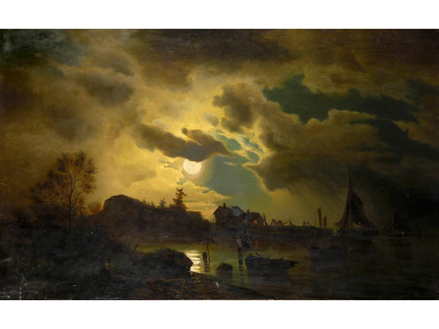Hans Juky (German 19th Century) Harbour scene by moonlight, La&#252;rvig 71.5 x 117cm (28 x 46in), unframed.