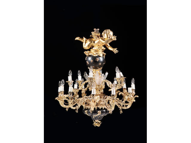 An impressive late 19th / early 20th century gilt and patinated bronze eighteen light chandelier