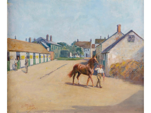 Lionel Edwards (1878-1966) "Stable Yard - Lambourn", Windsor House Stables with lad leading a chestnut racehorse, 49.5 x 59.5cm.