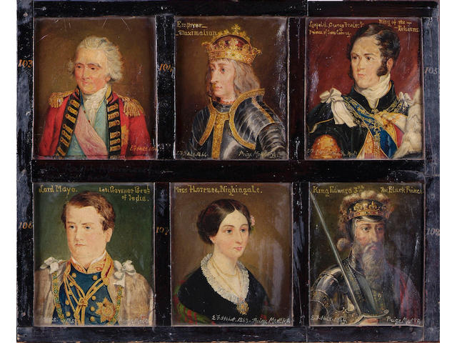 Edwin Frederick Holt (fl.1864-1897), Thirty small portraits of historical figures, to include some kings of England, the Duke of Buckingham, Florence Nightingale, Galileo, the Rajah of Sattara, various military figures etc, each portrait c.16.5 x 14cm. (30).