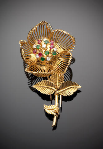 A ruby, diamond and emerald flower brooch, by Cartier,