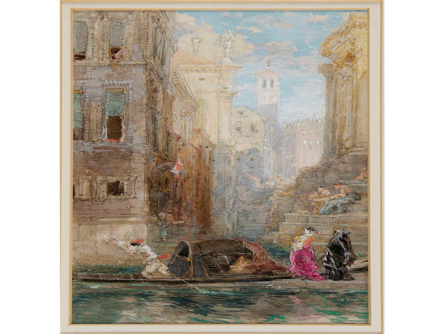 James Holland (1800-1870), Venice canal scene with smartly dressed ladies stepping into a gondola, 25 x 17cm.
