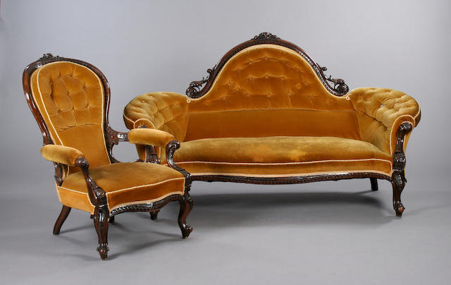 A good quality mid-Victorian ten-piece carved walnut salon suite