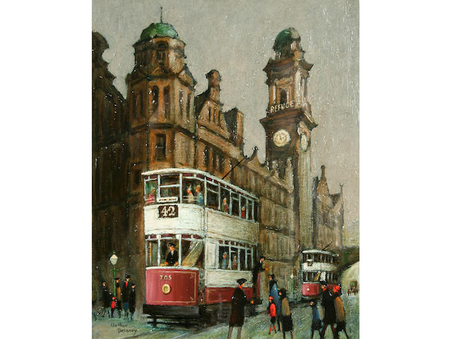 Arthur Delaney (1927 - 1987) Trams, King Street, Manchester, 30.5 x 24cm.