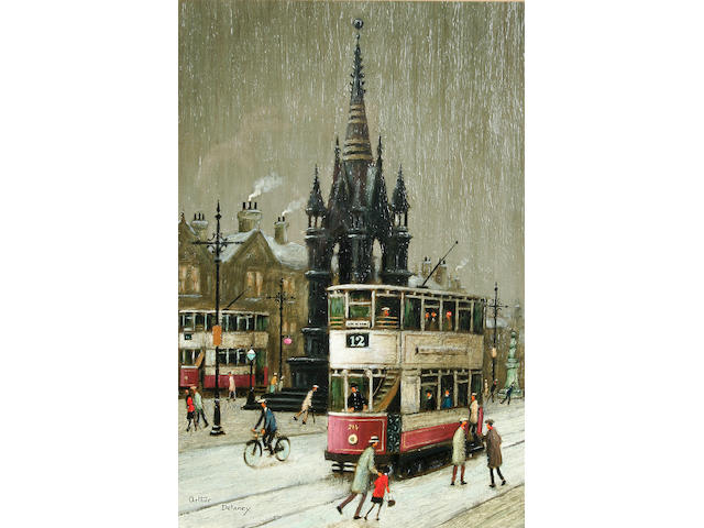 Arthur Delaney (1927 - 1987) 'Trams, Albert Square', 36 x 24cm.