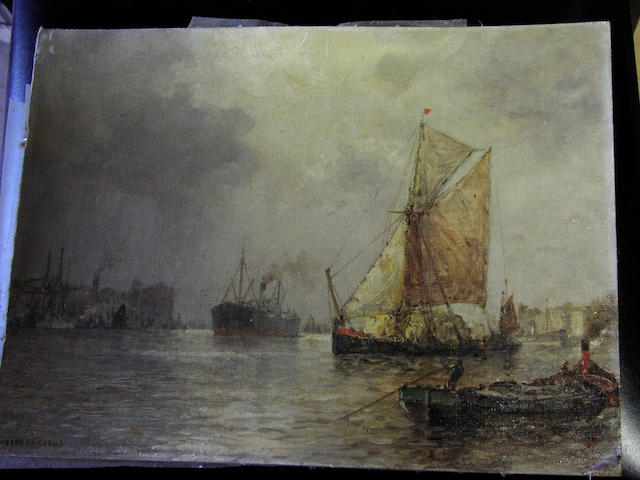 Arthur Wilde Parsons (1854-1931), A busy shipping scene on the Thames, signed, oil on canvas laid onto board, 27 x 37cm.