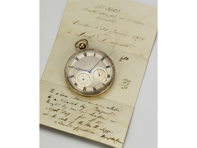 A fine and rare 18ct gold open faced calendar pocket watch, originally sold on the 29th January 1819 to Lord Dartmouth, whilst staying at the Hotel Mirabeau, Rue de la Paix, Paris. Breguet No.3082 Case No.2227 by Joly