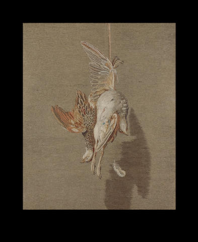 An exceptional embroidered crewel woolpicture of hanging partridge by Mary Linwood, after the painting by Moses Haughton