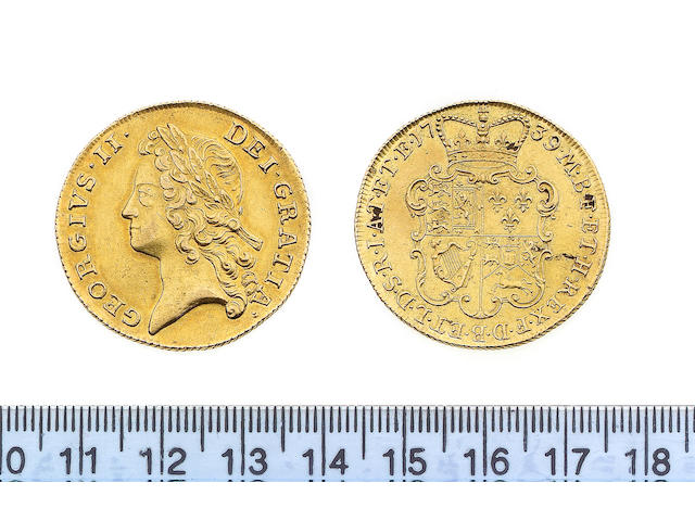 George II, Two Guineas, 1739, young laureate head left.