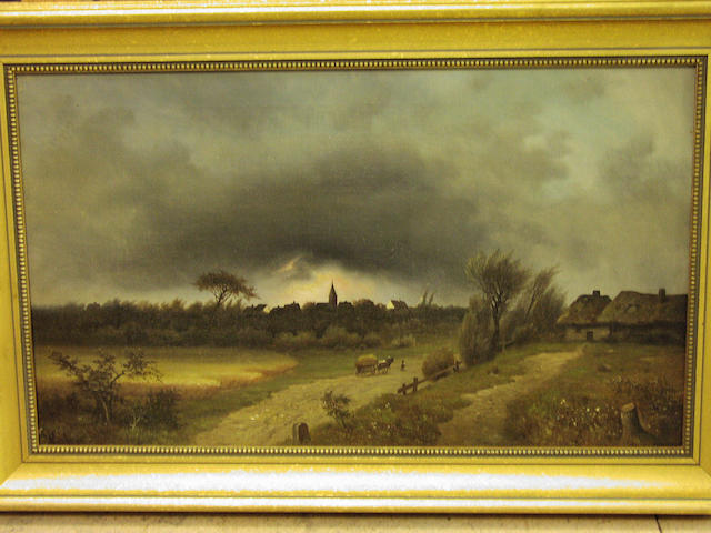 English School (late 19th Century) "Thunderstorm" and "Sultriness", village landscape with horse and cart in a thunderstorm, and companion, 30 x 51.5cm. (2)